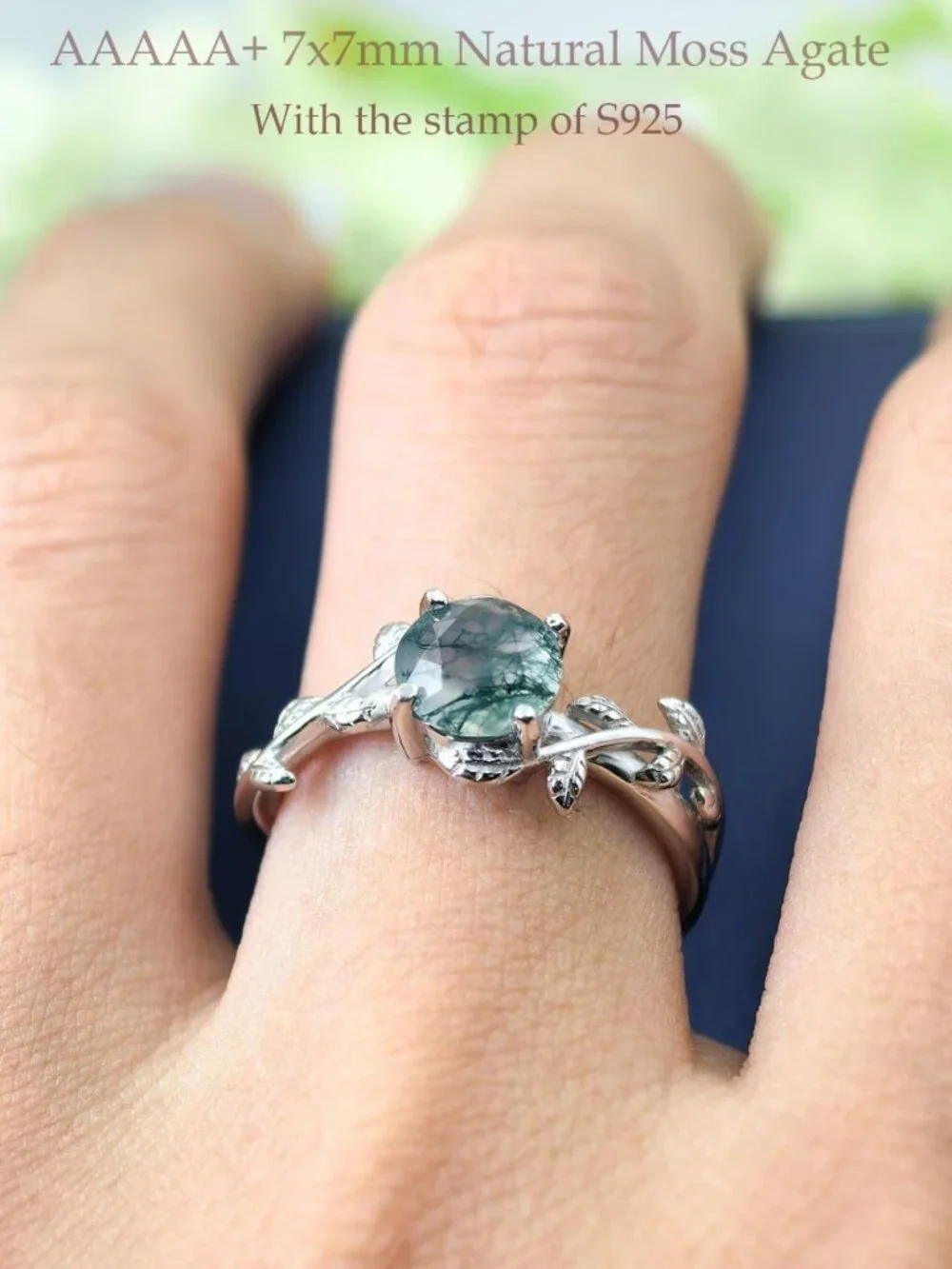 Natural Moss Agate Engagement Ring in 925 Sterling Silver - Unique Women's